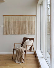 Load image into Gallery viewer, Minimalist fiber art, dip dye wall hanging, warm tapestry, yarn art, yarn wall decor, woven wall art, dyed yarn wall hanging, wool painting.