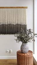 Load image into Gallery viewer, Large dip dye wall hanging, black tapestry, yarn art, yarn wall decor, woven wall art, dyed yarn wall hanging, minimalist fiber art