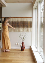 Load image into Gallery viewer, Minimal dip dye wall hanging, yarn wall tapestry, woven black wall hanging, contemporary gray fiber art, living room wall decoration