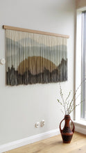 Load image into Gallery viewer, Landscape yarn art, dip dye wall hanging, blue fiber art, mountain and ocean dip dyed tapestry, macrame wall art, yarn wall hanging
