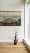 Load image into Gallery viewer, Landscape yarn art, dip dye wall hanging, blue fiber art, mountain and ocean dip dyed tapestry, macrame wall art, yarn wall hanging