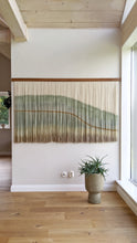 Load image into Gallery viewer, Fiber art wall hanging, large abstract yarn art, contemporary wall art, hand dyed tapestry, green dip dye decor, neutral home decoration