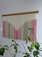 Load image into Gallery viewer, Girl room decor, large dip dye wall hanging, yarn art, boho yarn tapestry, woven wall art, dyed yarn wall hanging, spring wall art