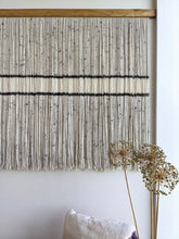 Load image into Gallery viewer, Minimalist fiber art, dip dye wall hanging, grey tapestry, yarn art, yarn wall decor, woven wall art, dyed yarn wall hanging, wool painting