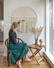 Load image into Gallery viewer, Round macrame wall hanging, circle boho fiber art, circular wool tapestry, round wall decor, large circular wall art, natural tapestry