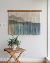 Load image into Gallery viewer, Landscape yarn art, dip dye wall hanging, blue fiber art, mountain and ocean dip dyed tapestry, macrame wall art, yarn wall hanging