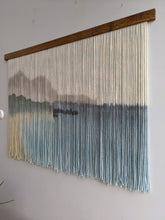 Load image into Gallery viewer, Landscape yarn art, dip dye wall hanging, blue fiber art, mountain and ocean dip dyed tapestry, macrame wall art, yarn wall hanging