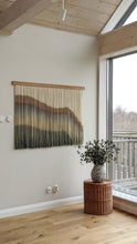 Load image into Gallery viewer, Large boho fiber art, dip dye wall hanging, wool tapestry, minimalist yarn art, yarn wall hanging, woven wall art, dyed yarn wall hanging
