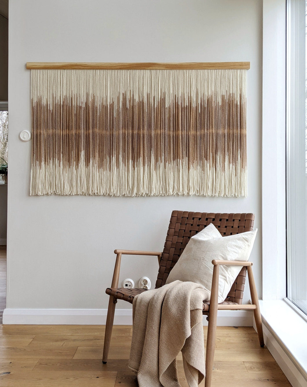 Minimal dip dye wall hanging, yarn wall tapestry, woven beige wall hanging, contemporary taupe fiber art, living room wall decoration