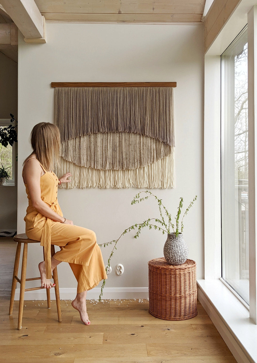 Natural dip dye wall hanging, beige tapestry, yarn art, yarn wall decor, woven wall art, dyed yarn wall hanging, minimalist fiber art