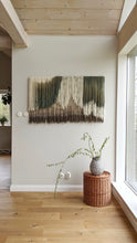 Load image into Gallery viewer, Fiber art wall hanging, large abstract yarn art, contemporary wall art, hand dyed tapestry, green dip dye decor, neutral home decoration
