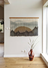 Load image into Gallery viewer, Landscape yarn art, dip dye wall hanging, blue fiber art, mountain and ocean dip dyed tapestry, macrame wall art, yarn wall hanging
