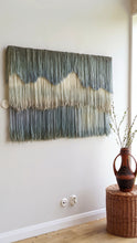 Load image into Gallery viewer, Fiber art wall hanging, large abstract yarn art, contemporary wall art, hand dyed tapestry, blue dip dye decor, neutral home decoration
