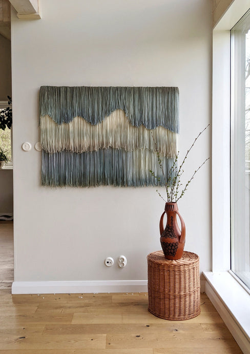 Fiber art wall hanging, large abstract yarn art, contemporary wall art, hand dyed tapestry, blue dip dye decor, neutral home decoration