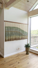 Load image into Gallery viewer, Fiber art wall hanging, large abstract yarn art, contemporary wall art, hand dyed tapestry, green dip dye decor, neutral home decoration
