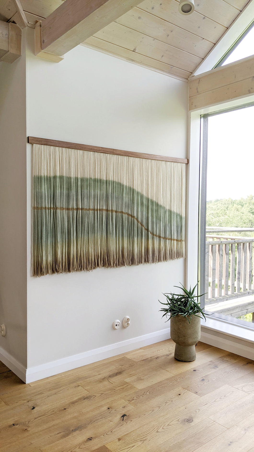 Fiber art wall hanging, large abstract yarn art, contemporary wall art, hand dyed tapestry, green dip dye decor, neutral home decoration