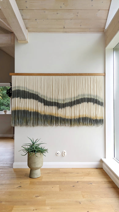 Geometrical yarn art, dip dye wall hanging, blue fiber art, horizontal wall hanging, dip dyed tapestry, macrame wall art, yarn wall hanging