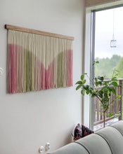 Load image into Gallery viewer, Girl room decor, large dip dye wall hanging, yarn art, boho yarn tapestry, woven wall art, dyed yarn wall hanging, spring wall art
