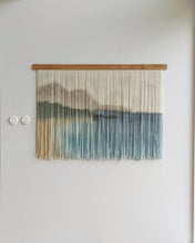 Load image into Gallery viewer, Landscape yarn art, dip dye wall hanging, blue fiber art, mountain and ocean dip dyed tapestry, macrame wall art, yarn wall hanging
